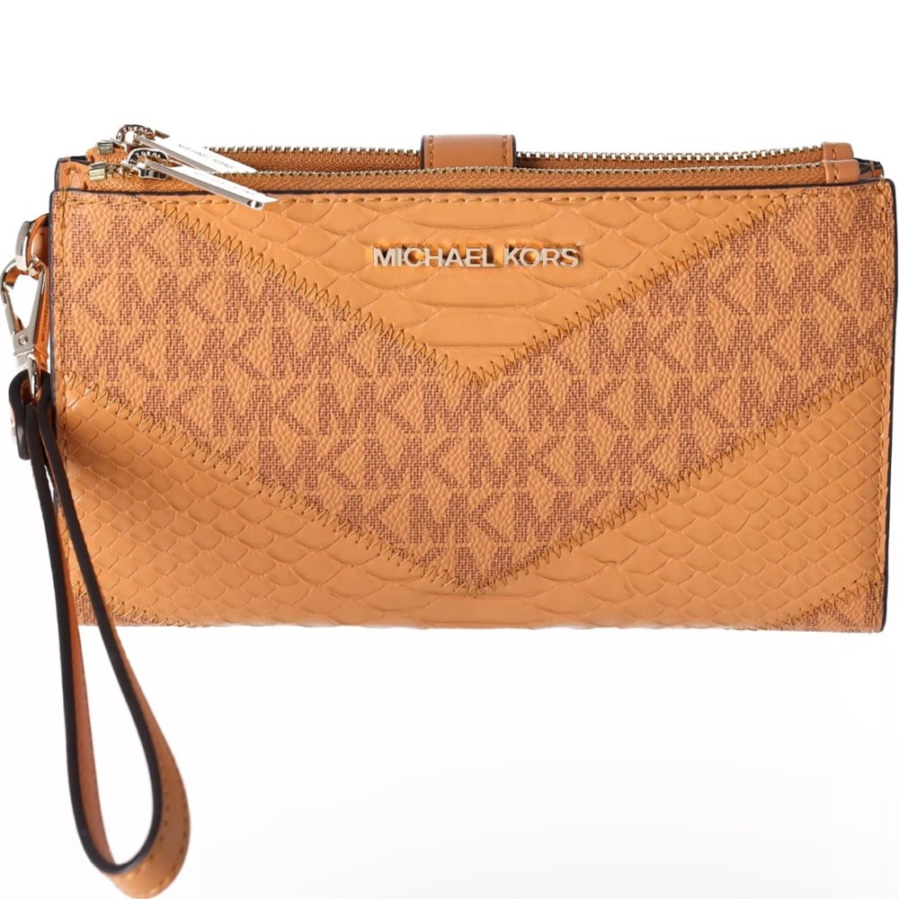 NWTMichael Kors Jet Set Travel Large Double Zip Wallet Cider Yellow Multi Python